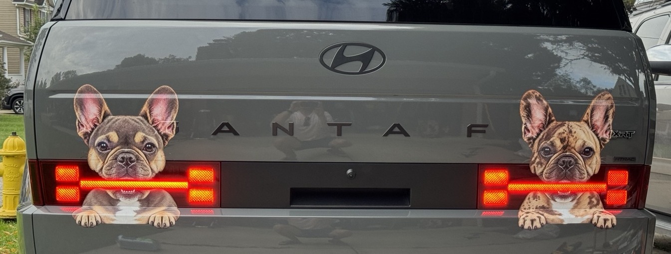 Two Frenchie vinyl decals installed around the illuminated taillights on our first customer’s Hyundai Santa Fe